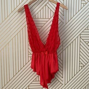 Miss Elaine romantic semi sheer teddy one piece lingerie bodysuit red bows mesh